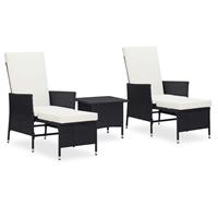 vidaXL 3-delige Loungeset met kussens poly rattan zwart