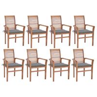 vidaXL Eetkamerstoelen 8 st met grijze kussens massief teakhout