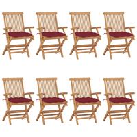 vidaXL Tuinstoelen 8 st met wijnrode kussens massief teakhout