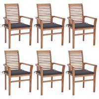 vidaXL Eetkamerstoelen 6 st met antracietkleurige kussens massief teakhout