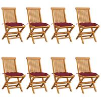 vidaXL Tuinstoelen 8 st met wijnrode kussens massief teakhout