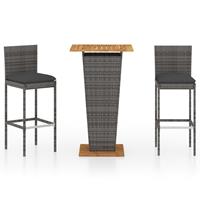 vidaXL 3-tlg. Gartenbar-Set mit Kissen Poly Rattan  Grau