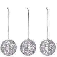 3x Zilveren Glitter Draad/rotan Look Kerstballen Kunststof 9 Cm - Kerstboomversiering Zilver