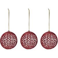 3x Rode Glitter Draad/rotan Look Kerstballen Kunststof 9 Cm - Kerstboomversiering Rood