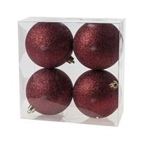 4x Donkerrode Kunststof Kerstballen 10 Cm - Glitter - Onbreekbare Plastic Kerstballen - Kerstboomversiering Donkerrood