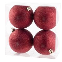 4x Rode Kunststof Kerstballen 10 Cm - Glitter - Onbreekbare Plastic Kerstballen - Kerstboomversiering Rood