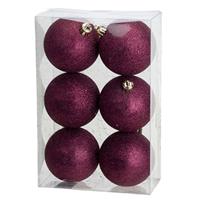 6x Stuks Kunststof Glitter Kerstballen Aubergine Roze 8 Cm - Onbreekbare Kerstballen - Kerstversiering