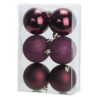 6x Stuks Kunststof Kerstballen Aubergine Roze 8 Cm Mat/glans- Onbreekbare Plastic Kerstballen - Kerstversiering