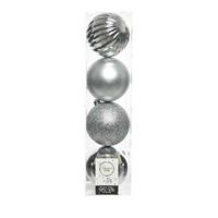 4x Zilveren Kunststof Kerstballen 10 Cm - Mix - Onbreekbare Plastic Kerstballen - Kerstboomversiering Zilver