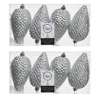 8x Zilveren Dennenappels Kerstballen 12 Cm - Glitter - Onbreekbare Plastic Kerstballen - Kerstboomversiering Zilver