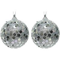 2x Zilveren Glitter/pailletten Kerstballen 8 Cm Kunststof - Onbreekbare Kerstballen - Kerstboomversiering Zilver