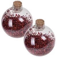 2x Transparante Fles Kerstballen Met Rode Glitters 8 Cm - Onbreekbare Kerstballen - Kerstboomversiering Rood