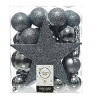 33x Grijsblauwe Kunststof Kerstballen 5-6-8 Cm - Mix - Onbreekbare Plastic Kerstballen - Kerstboomversiering Grijsblauw