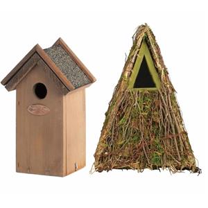 Merkloos Voordeelset van 2x stuks houten vogelhuisjes/nestkastjes groen en houtkleur -