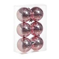 6x Roze Kunststof Kerstballen 6 Cm - Cirkel Motief - Onbreekbare Plastic Kerstballen - Kerstboomversiering Roze