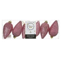 6x Oud Roze Glitter Dennenappels Kerstballen 8 Cm Onbreekbare Plastic Kersthangers- Kerstboomversiering Oud Roze