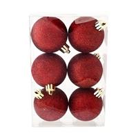 6x Donkerrode Kunststof Kerstballen 6 Cm - Glitter - Onbreekbare Plastic Kerstballen - Kerstboomversiering Donkerrood