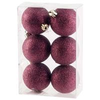 6x Stuks Kunststof Glitter Kerstballen Aubergine Roze 6 Cm - Onbreekbare Kerstballen - Kerstversiering