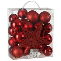 39x Kunststof Kerstballen 8 Cm Met Ster Piek Rood - Kerstballen Pakket Met Piek Rood