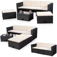 MUCOLA Rattanmöbel schwarz Sitzgruppe Poly Rattan Sofa und 2 Hocker Lounge