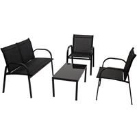 DEGAMO ARONA: Lounge Set 4-teilig (2x Loungesessel, 1x Loungesofa 2-sitzer, 1x Loungetisch 80x45cm) Gestell Stahl schwarz, Bezug Kunstgewebe schwarz,