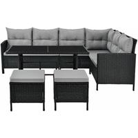 Juskys Polyrattan Lounge Manacor schwarz – Gartenlounge mit Sofa, Tisch, 2 Hocker & Kissen – Gartenmöbel Set bis 7 Personen – Sitzbezüge in Grau - 