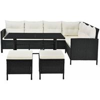 Juskys Polyrattan Lounge Manacor schwarz – Gartenlounge mit Sofa, Tisch, 2 Hocker & Kissen – Gartenmöbel Set bis 7 Personen – Sitzbezüge in Creme - 
