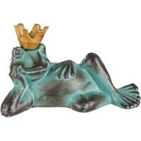 RELAXDAYS Gartenfigur Froschkönig, wetterfest, liegender Frosch, mit Krone, Dekofigur, Balkon, Gusseisen, Größe L, grün