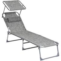 SONGMICS Ligstoel met zonnekap, Greige / 53 X 193 X 29 cm / IJzer, synthetische vezelstof