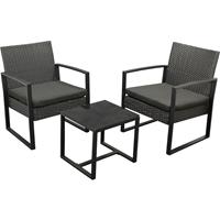 DEGAMO MALTA: Garnitur 3-teilig (2x Loungesessel, 1x Tisch 42x40cm) Gestell Stahl schwarz, Polyrattan schwarz, mit Polstern schwarz