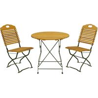 DEGAMO Kurgarten - Garnitur BAD TÖLZ 3-teilig (2x Stuhl, 1x Tisch 77cm rund), Flachstahl grün + Robinie, klappbar