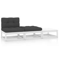 vidaxl 3-delige Loungeset met kussens massief grenenhout wit