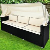 Casaria Polyrattan Bank Zwart/Cr&egrave;me 210x70x70cm + Zonneluifel