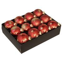 Bellatio 12x Luxe Glazen Rode Kerstballen Met Gouden Decoratie 7,5 Cm uxe Glazen Kerstballen - Kerstversiering Rood