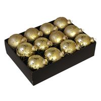 12x Glazen gedecoreerde gouden kerstballen 7,5 cm -