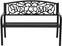 costway Tuinbank Parkbank met WELCOME 3-zits Metalen Bank Gietijzeren Ijzeren Bank Stalen Frame 127 x 63,5 x 89 cm Zwart