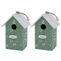 2x Vogelhuisje/nestkastjes Groen/wit Hout 22 Cm - Vogelhuisjes Tuindecoraties