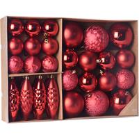 Bellatio Kerstballen/ornamenten Pakket 31x Rode Kunststof Kerstballen Mix - Kerstboomversiering/kerstversiering
