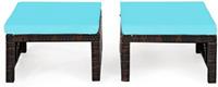 Costway Set van 2 Outdoor Voetsteun met Kussen Rotan Ottoman Patio Kruk - 49 x 40 x 33 cm - Turquoise