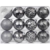 12x Stuks Luxe Gedecoreerde Kunststof Kerstballen Antraciet Mix 6 Cm - Kerstbal