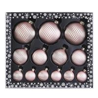 13x Stuks Luxe Glazen Kerstballen Ribbel Lichtroze 4, 6, 8 Cm - Kerstbal