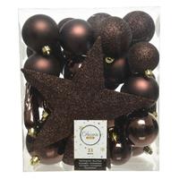 Decoris 33x Donkerbruine Kerstballen Met Ster Piek 5-6-8 Cm Kunststof Mi - Kerstbal