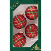 Bellatio 4x Stuks Luxe Glazen Kerstballen 7 Cm Rood Velvet Met Ruit - Kerstbal
