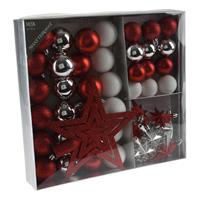 Bellatio Set 44-delig Kunststof Kerstboomversiering Rood/wit/zilver Met Kerstballen, Slingers En Piek - Kerstbal