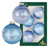 Bellatio 12x Glazen Ijsblauwe/lichtblauwe Kerstballen Met Witte Decoratie 7 Cm - Kerstbal