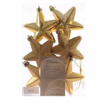 Decoris 6x Gouden Sterren Kerstballen 7 Cm - Glans/mat/glitter - Onbreekbare Plastic Kerstballen - Kerstboomversiering Goud