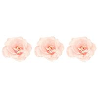 3x Roze Roos Kerstversiering Clip Decoratie 12 Cm - Kerstboom Rozen Roze Op Clip 3 Stuks