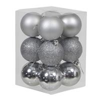 Bellatio 12x Zilveren Kunststof Kerstballen 6 Cm Glans/mat/glitter - Kerstbal