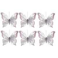 Bellatio 6x Witte Decoratie Vlinders Op Clip 15 Cm - Woondecoratie/hobby/kerstboomversiering Vlinders