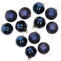 Bellatio 12x Stuks Luxe Gedecoreerde Glazen Kerstballen Blauw 6 Cm - Kerstbal